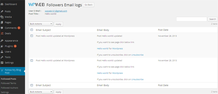 Followers Email Logs